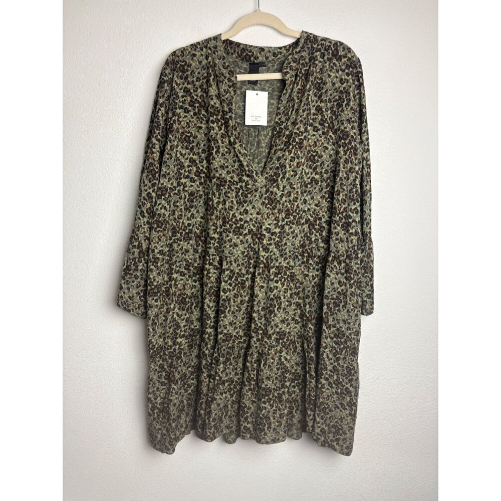 NWT Victoria & Violet XL Khaki Leopard Flare Sleeve‎ Babydoll Tiered Dress Tunic